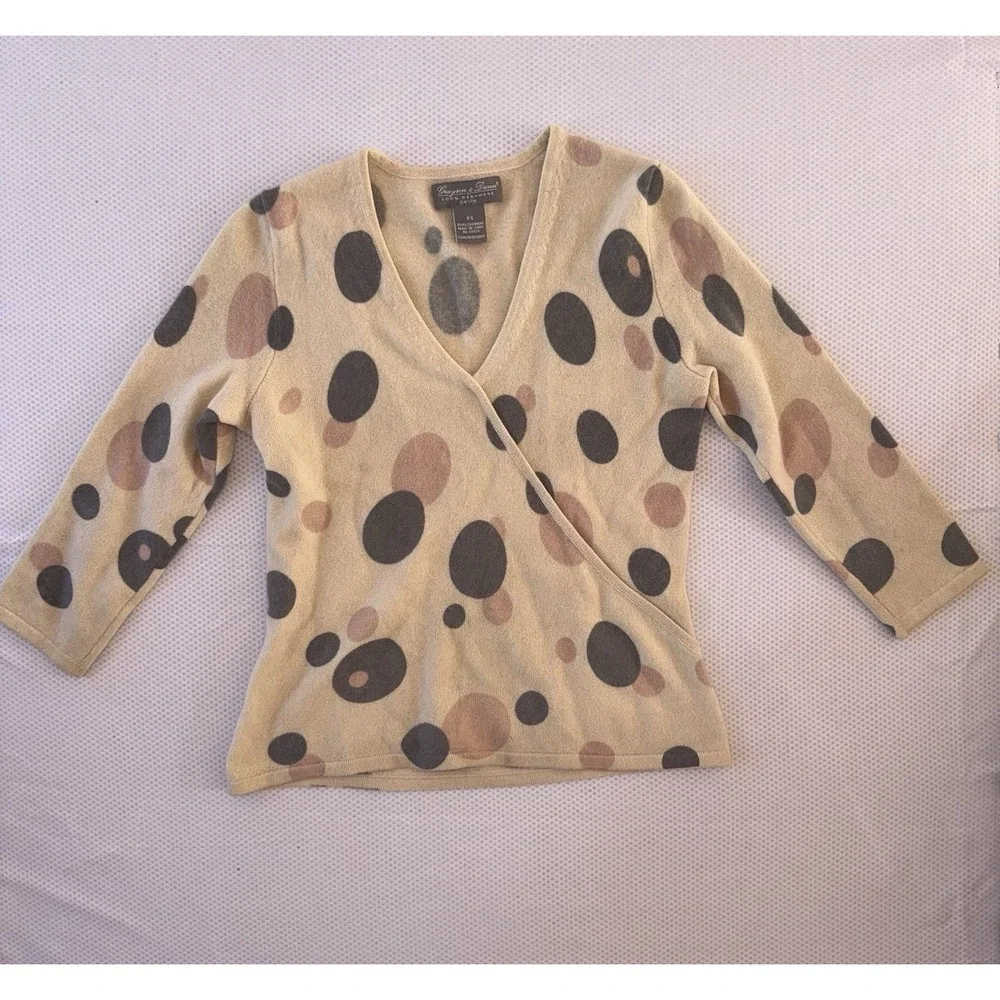 Grayson & Dunn 100% Cashmere Cream‎ Gray Pink Polka Dot Sweater Petite Size PS - Picture 3 of 8